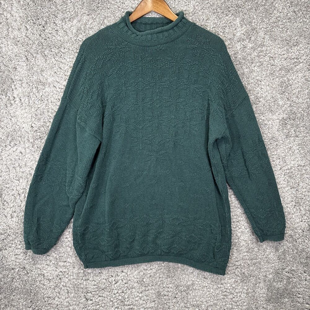 Vintage 90s Roll Neck Knit Sweater Forest Green Medium Made In USA Oversized